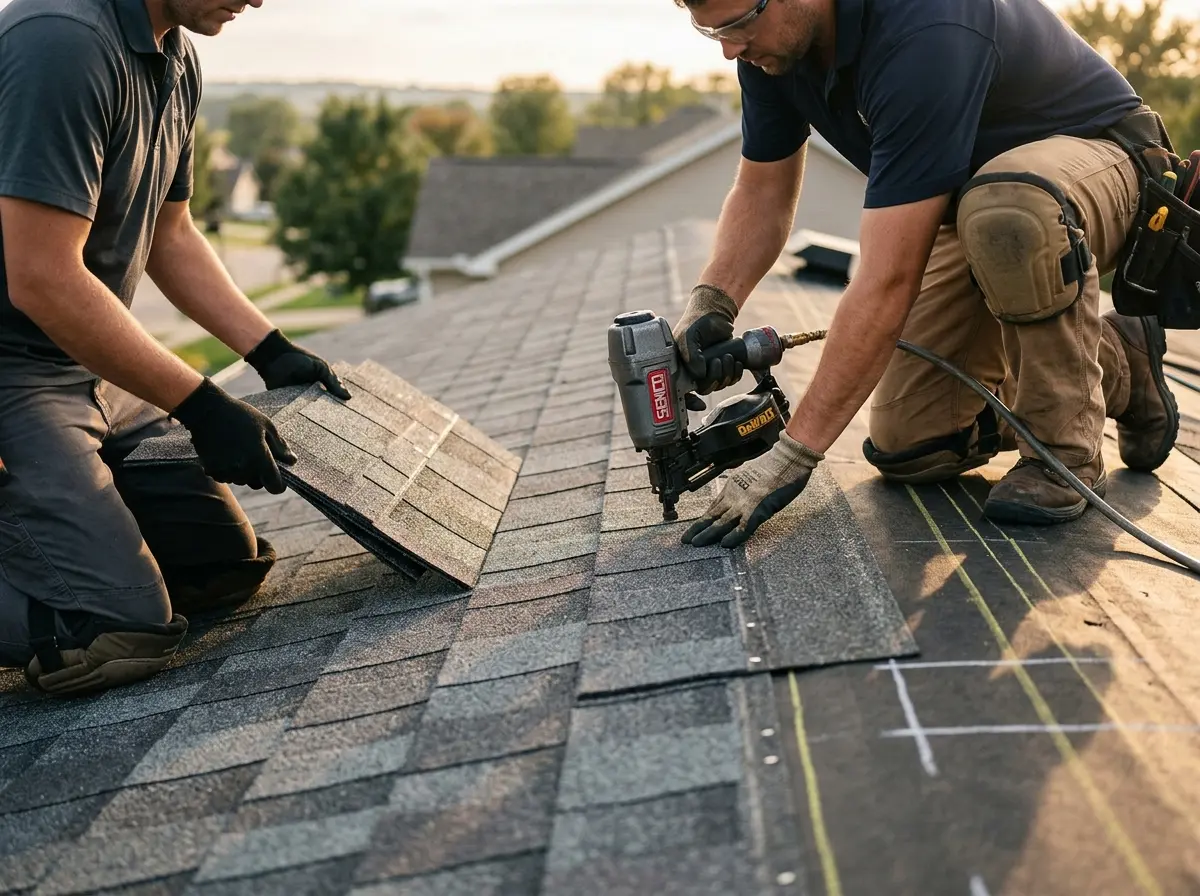 Professional roofer working on a residential roof in Petersburg